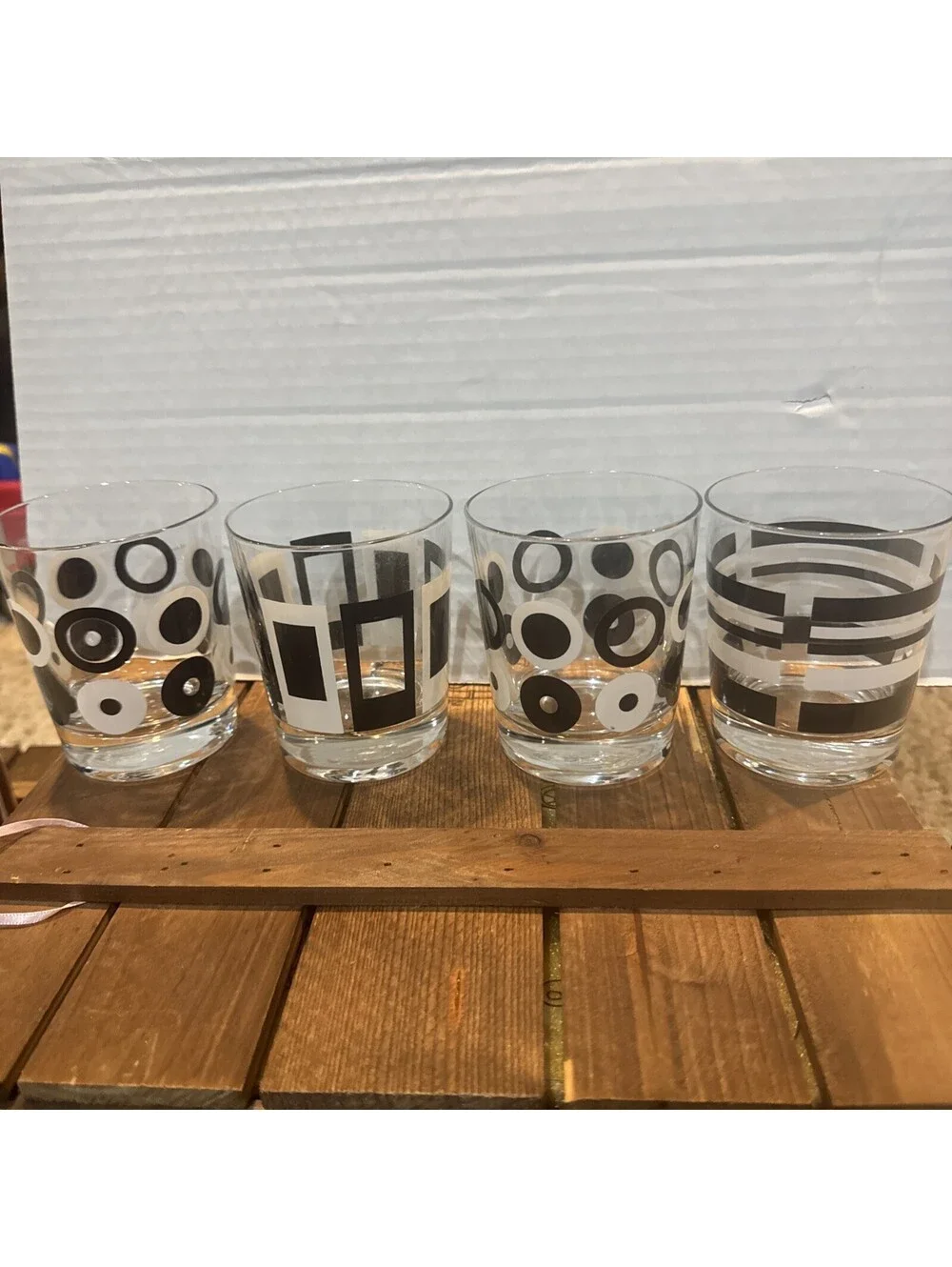 Retired Vtg Lot Set 4 Ikea Godis Black White Geometric MCM Lowball Drink Glasses